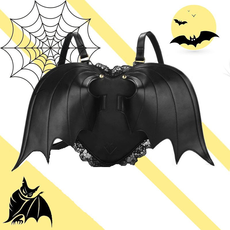 Style Gothic black Heart-shaped Lace Devil Bat wings Backpack / Fashion Female Accessories - HARD'N'HEAVY