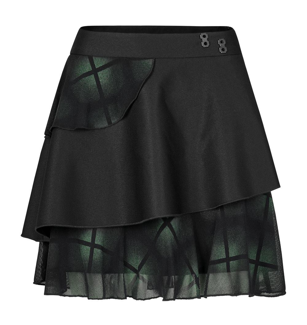 Stylish Asymmetric Black Green Plaid Mini Skirt