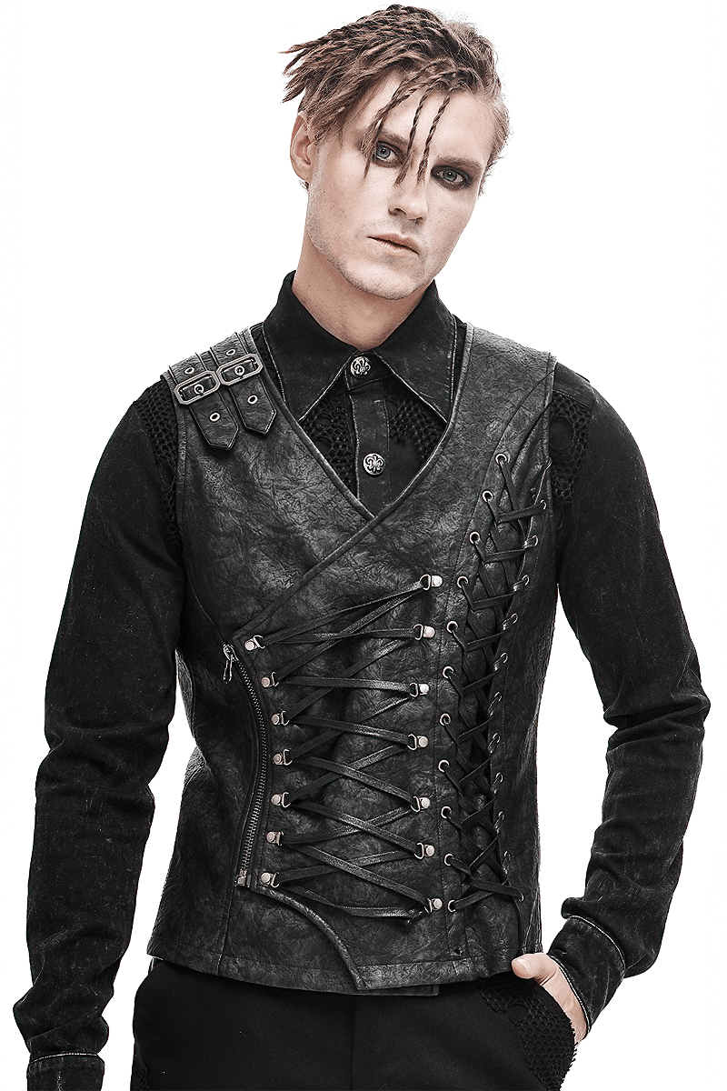 Stylish Asymmetric Waistcoat with Lacings / Men's Pu Leather Vest with Zip and Buckles - HARD'N'HEAVY