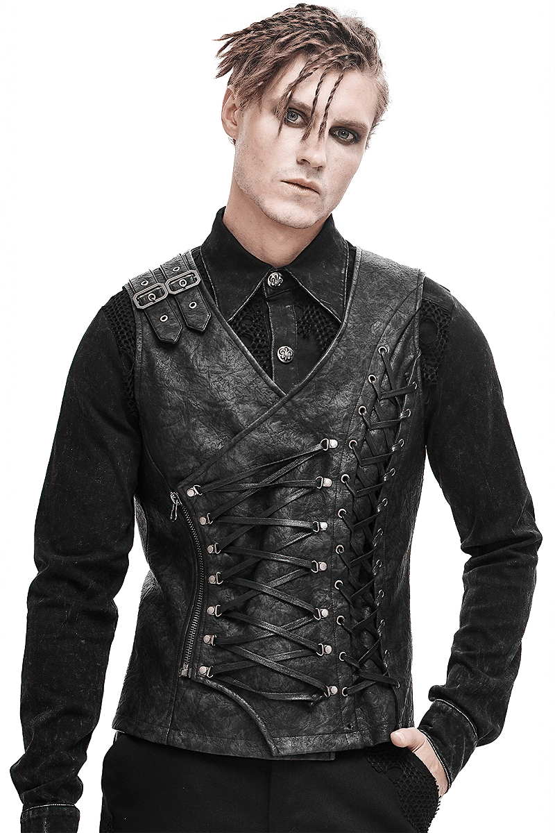 Stylish asymmetric men's vest in black PU leather with lacing and buckles, showcasing a gothic look.