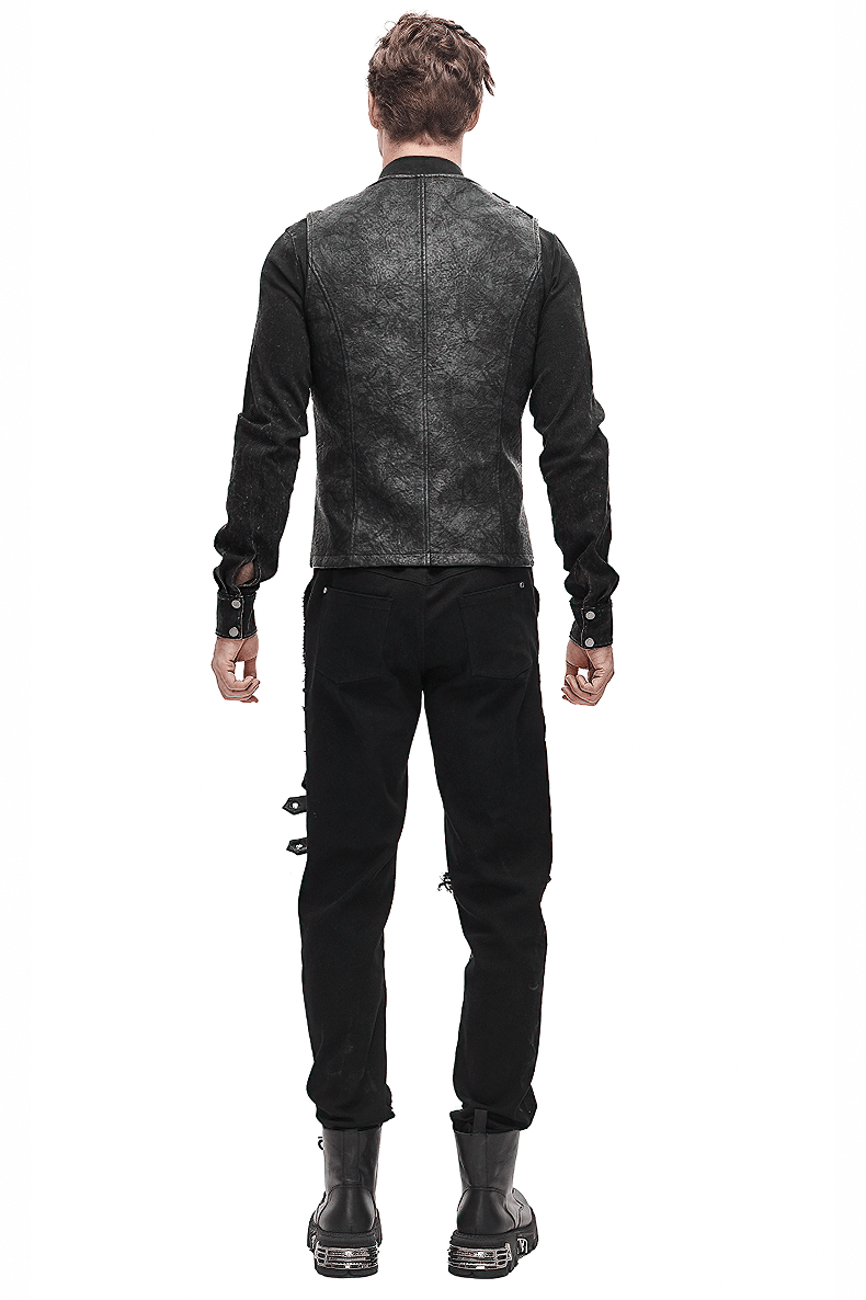 Back view of a stylish men's gothic asymmetrical vest in black PU leather with unique lacing details.