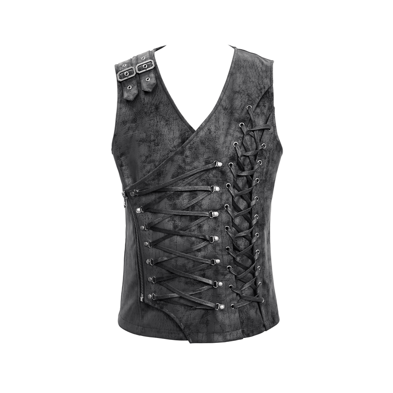 Stylish asymmetric black vest with laces and buckles, perfect for gothic fashion enthusiasts.