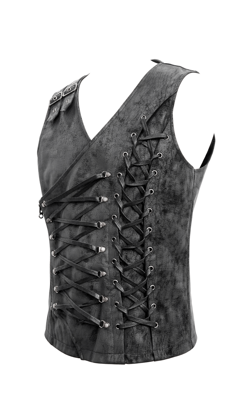 Men's black asymmetric PU leather vest with side lacings and stylish buckles for a gothic look.