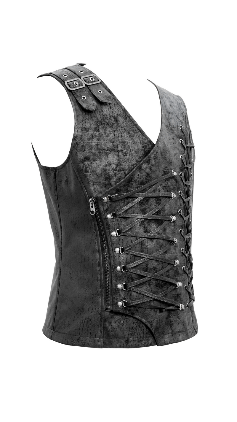 Stylish men's black asymmetric PU leather vest with side lacings and zip, perfect for gothic fashion.