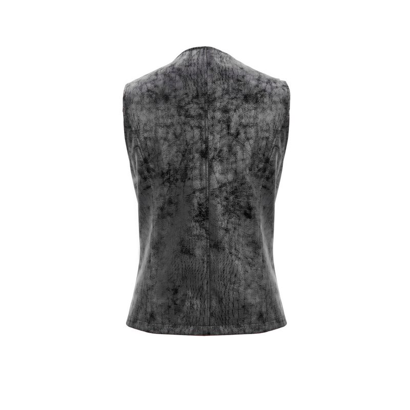Back view of stylish asymmetric men's black PU leather vest, showcasing gothic design and unique texture.