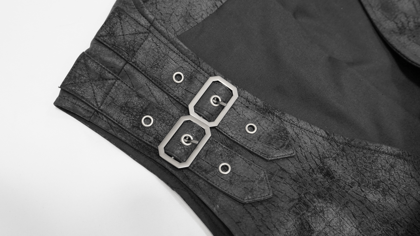 Close-up of the stylish buckles on a black asymmetric men's PU leather vest.