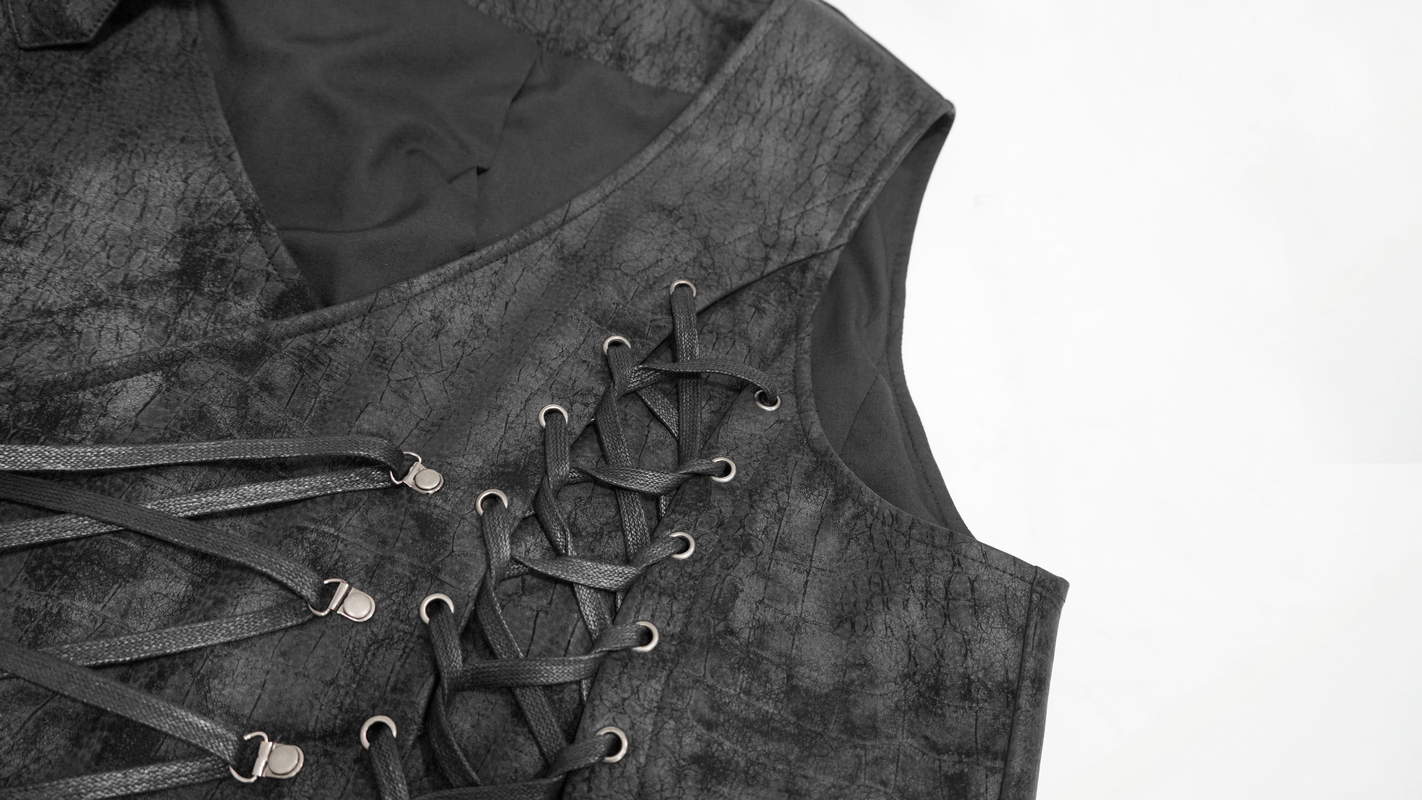 Stylish black asymmetric waistcoat with lace-up detailing for a gothic look.