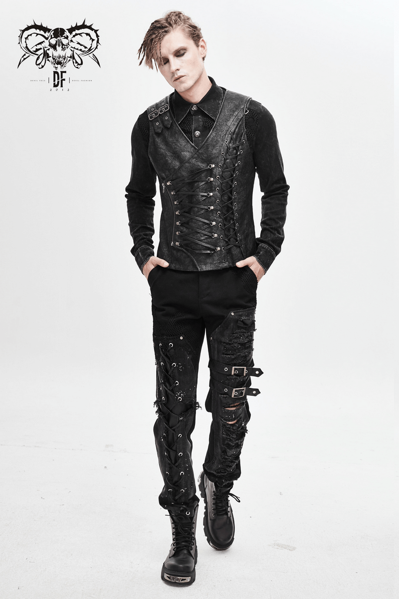 Stylish men's black asymmetric vest with lacing, paired with edgy pants and boots, showcasing a gothic fashion look.