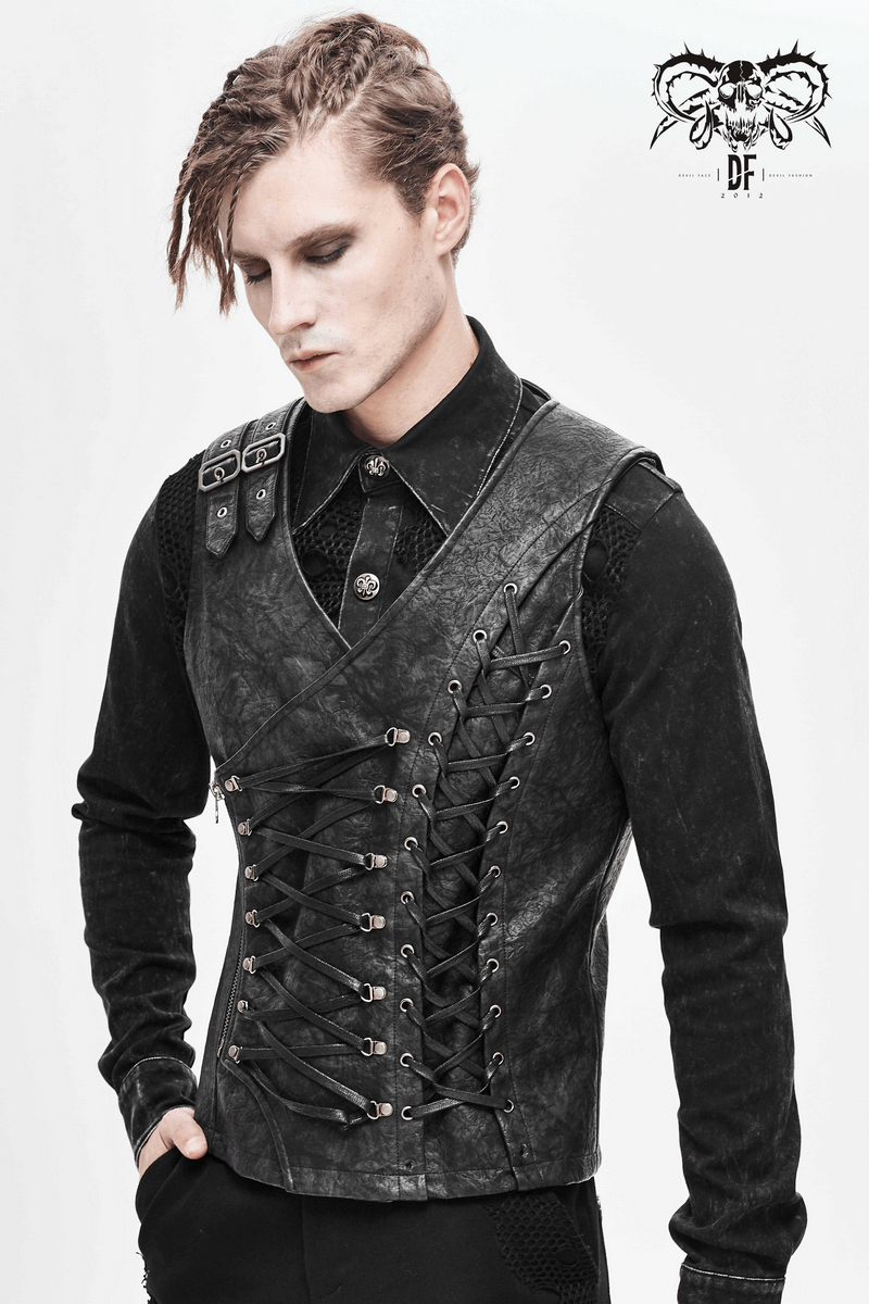 Stylish Asymmetric Waistcoat with Lacings / Men's Pu Leather Vest with Zip and Buckles - HARD'N'HEAVY