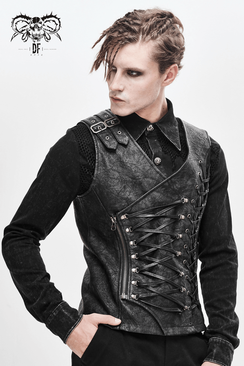 Men's black asymmetric vest with lacing and zip, showcasing gothic style and edgy fashion.