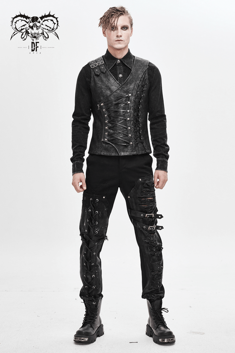 Men's black asymmetric gothic vest with lacing, paired with stylish cargo pants for a bold fashion statement.