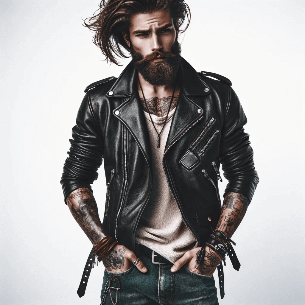 Stylish bearded man with tattoos wearing leather jacket and jeans on white background.