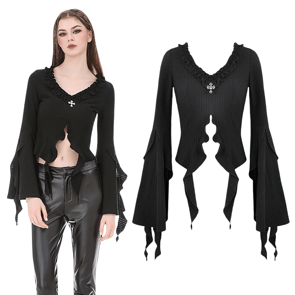 Stylish Bell Sleeved Cutout Ruffle Witchcore Knit Top