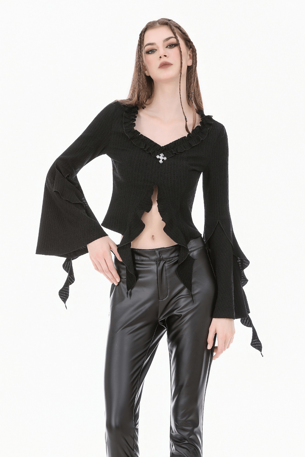Stylish Bell Sleeved Cutout Ruffle Witchcore Knit Top