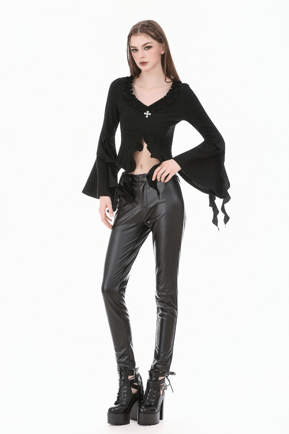 Stylish Bell Sleeved Cutout Ruffle Witchcore Knit Top