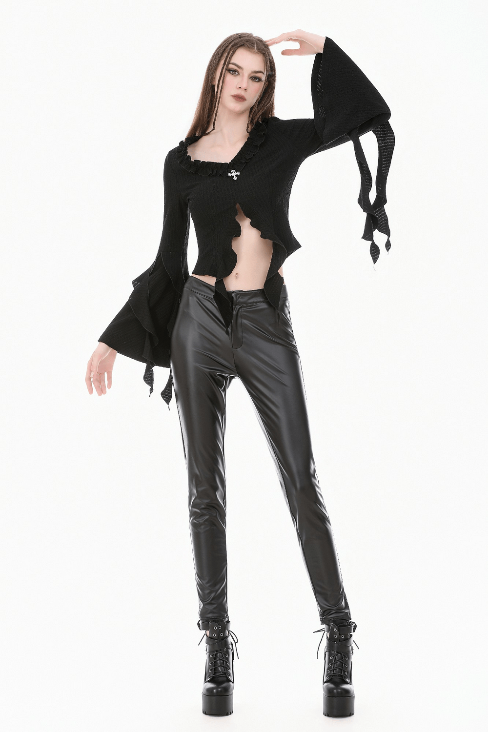 Stylish Bell Sleeved Cutout Ruffle Witchcore Knit Top