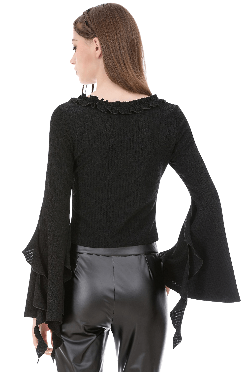 Stylish Bell Sleeved Cutout Ruffle Witchcore Knit Top
