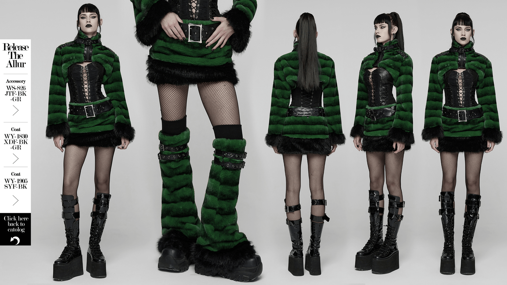 Stylish Black and Green Faux Fur Mini Skirt with Belt featured in a punk-inspired winter collection.