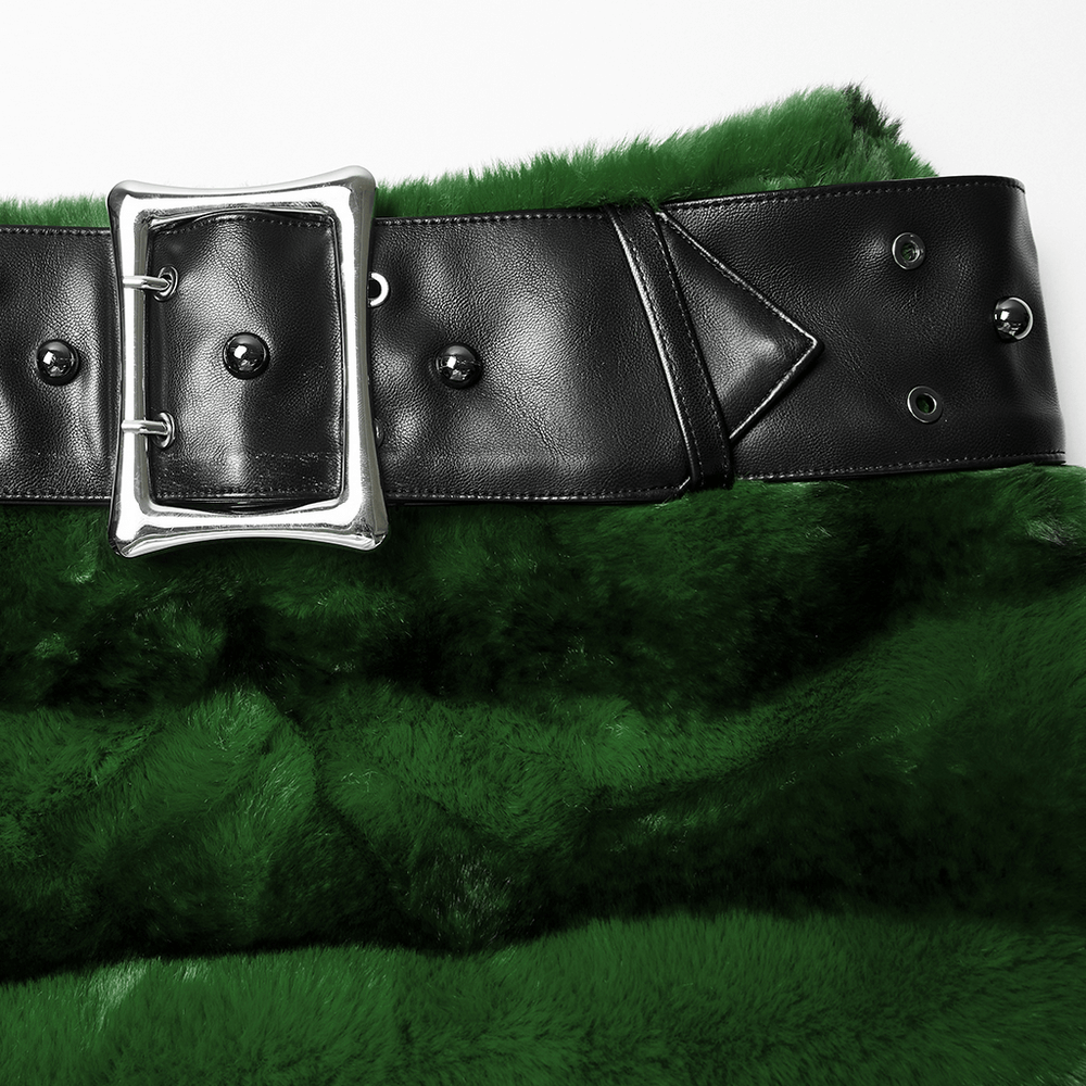 Stylish Black and Green Faux Fur Mini Skirt with Belt detail featuring a studded black belt and fluffy green faux fur.