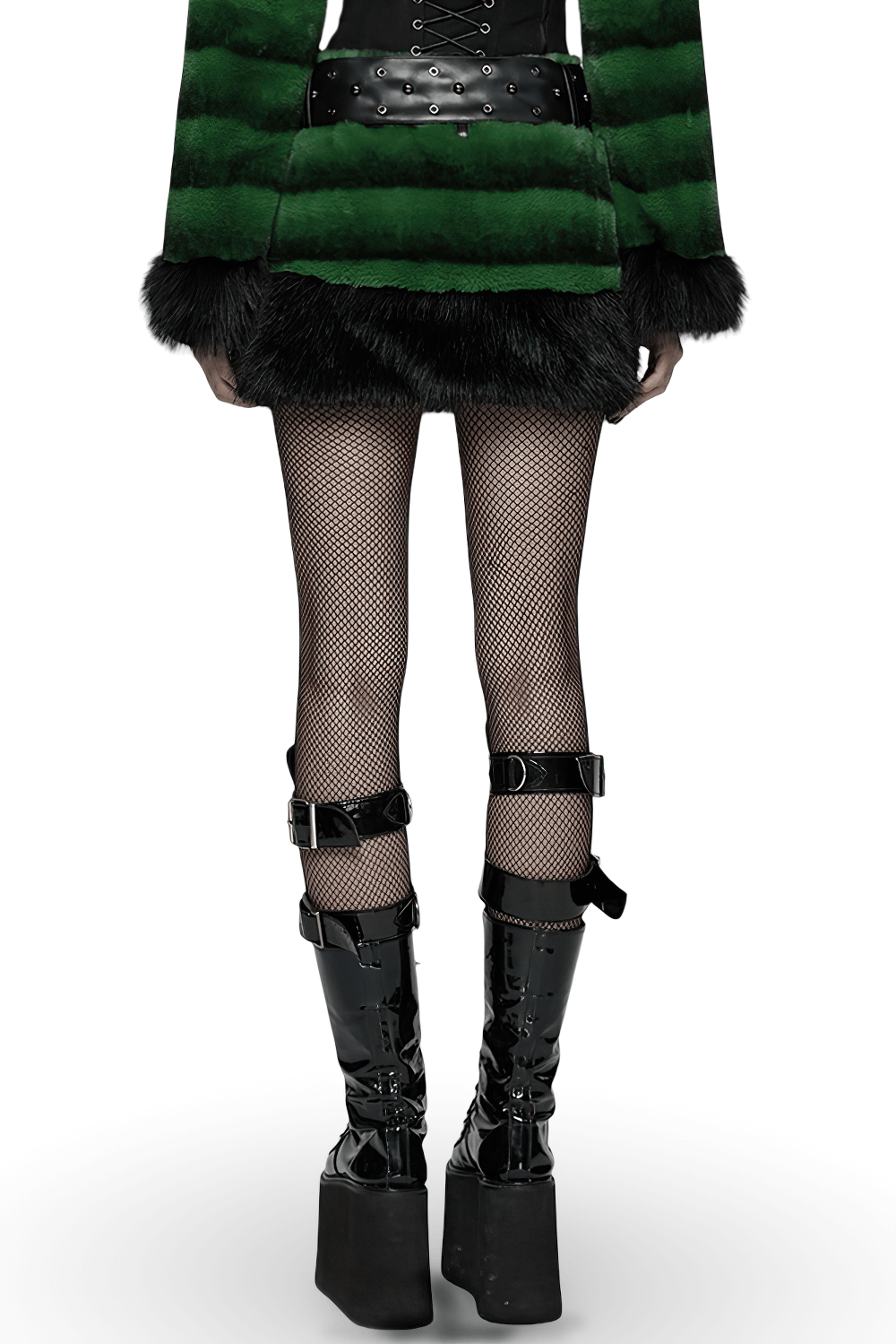 Stylish Black and Green Faux Fur Mini Skirt with Belt showcased in a striking punk outfit with fishnet stockings.