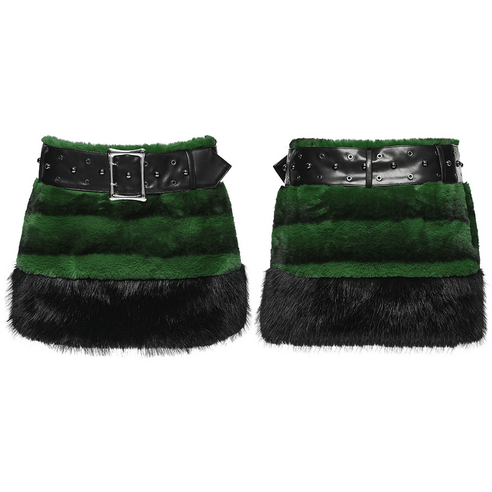 Stylish Black and Green Faux Fur Mini Skirt with Belt featuring a punk edge and ultra-soft faux fur design.