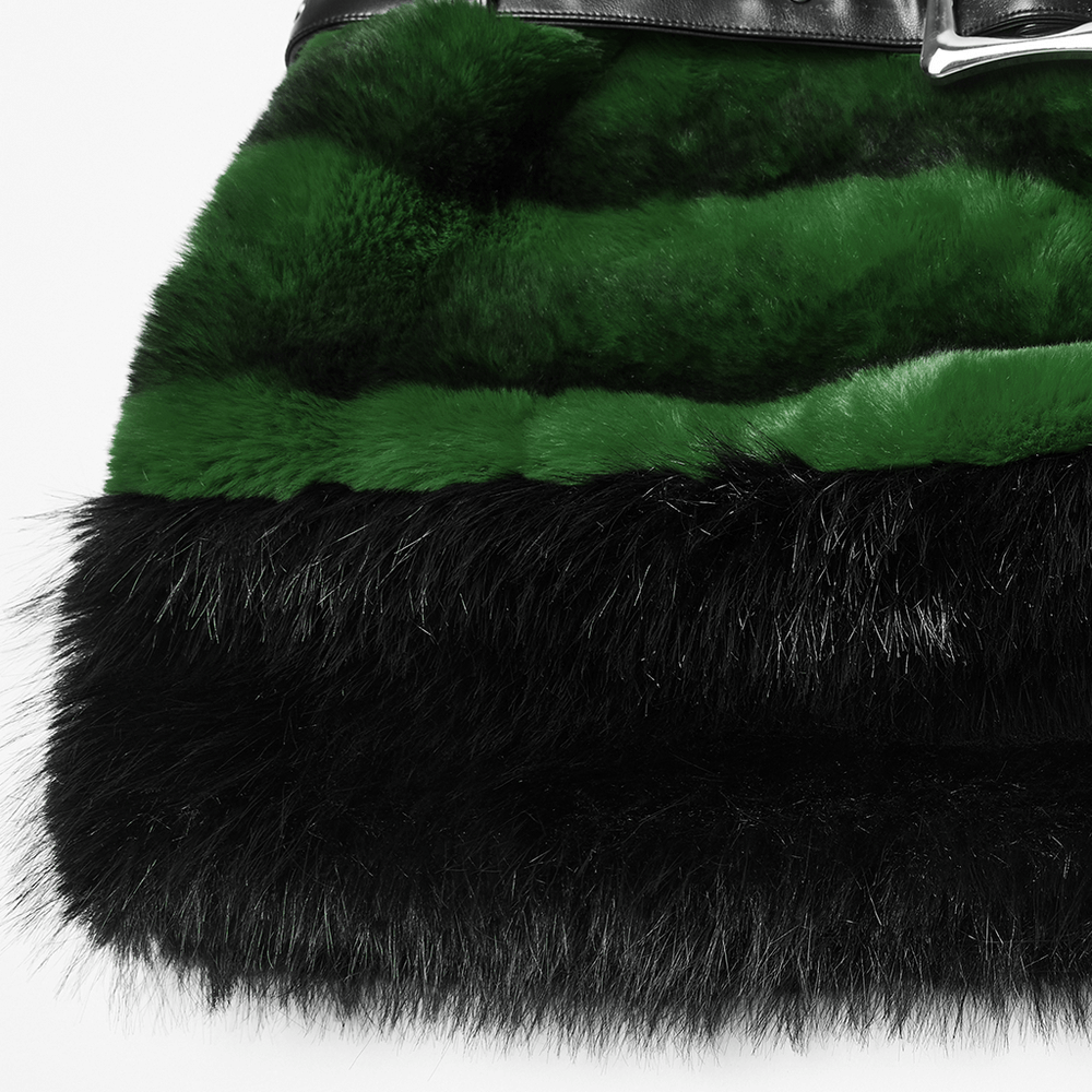 Stylish Black and Green Faux Fur Mini Skirt with Belt close-up of striped faux fur texture and solid black hem.