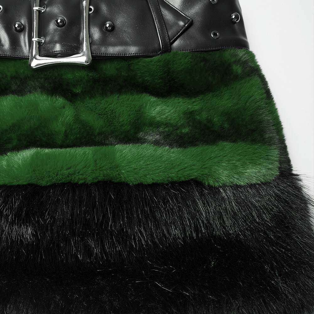 Stylish Black and Green Faux Fur Mini Skirt with Belt showcasing punk design and fluffy texture.
