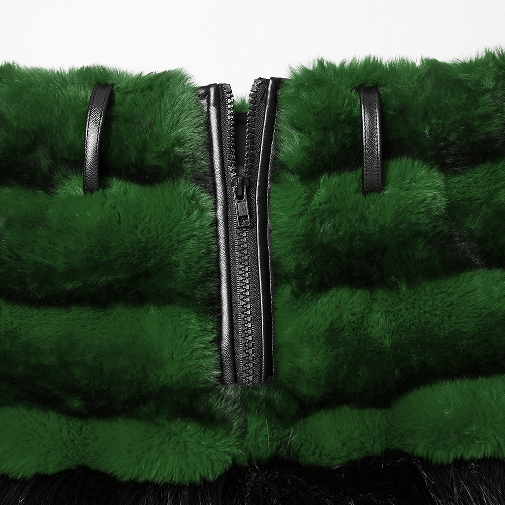 Close-up of Stylish Black and Green Faux Fur Mini Skirt with Belt, featuring textured green faux fur and black zipper detail.