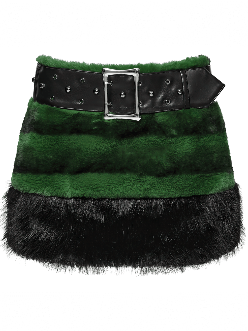 Stylish Black and Green Faux Fur Mini Skirt with Belt featuring striped faux fur and studded belt.