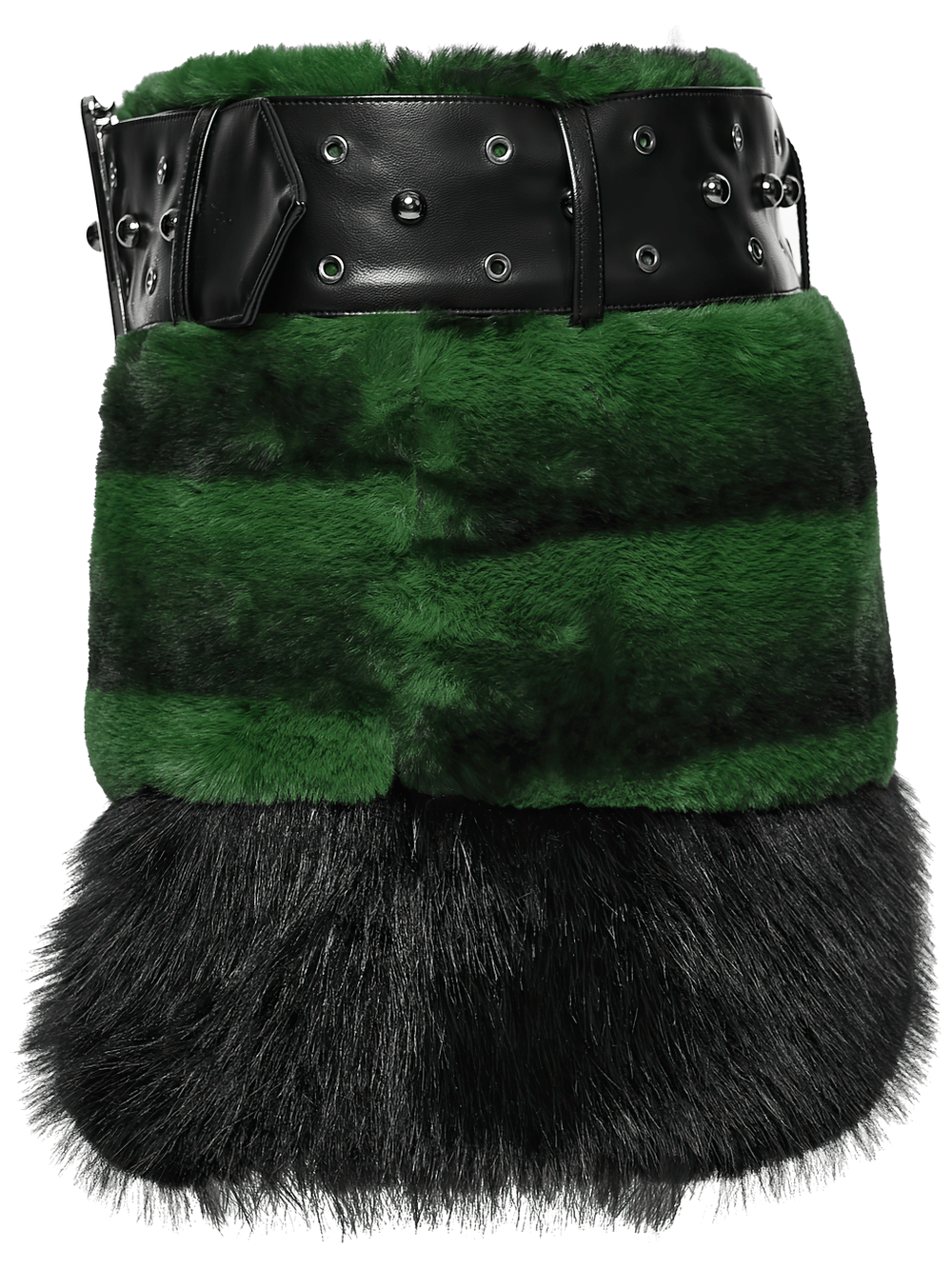 Stylish Black and Green Faux Fur Mini Skirt with Belt showcasing a punk design and eco-friendly materials.
