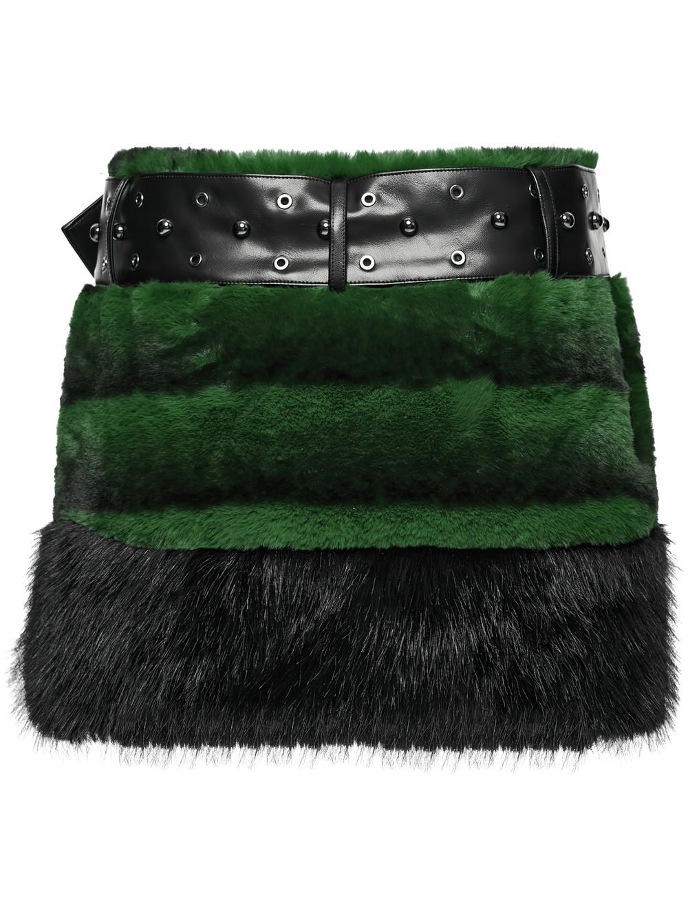 Stylish Black and Green Faux Fur Mini Skirt with Belt featuring a detachable studded belt and soft faux fur texture.