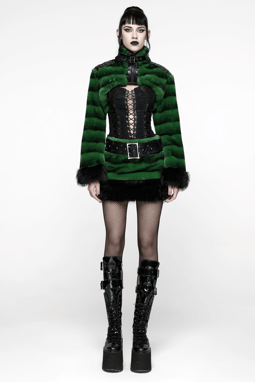 Stylish Black and Green Faux Fur Mini Skirt with Belt on model showcasing punk winter fashion.