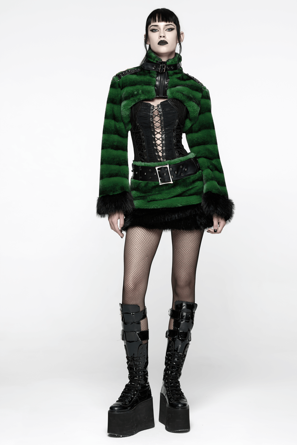 Stylish Black and Green Faux Fur Mini Skirt with Belt worn by model showcasing punk winter fashion.