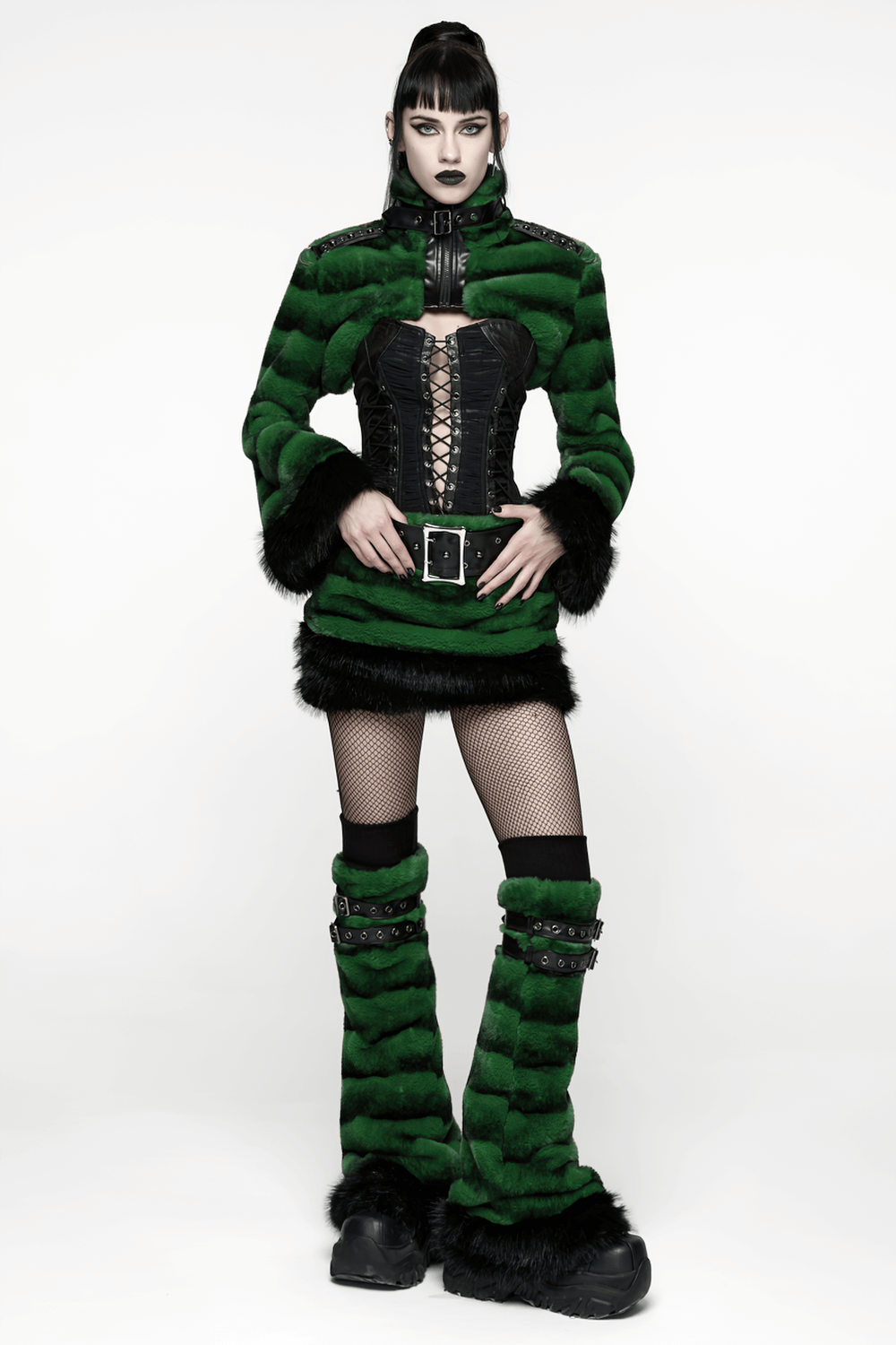 Stylish Black and Green Faux Fur Mini Skirt with Belt worn with punk-inspired outfit highlighting bold winter fashion.