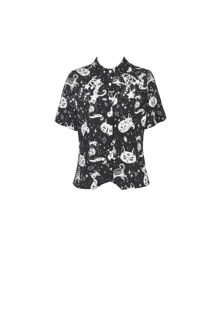 Stylish black and white cat print gothic punk shirt, perfect for dark hearts and expressing your mysterious side.