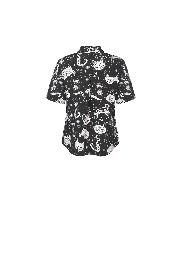 Stylish black and white cat print gothic punk shirt perfect for dark hearts and edgy fashion lovers.