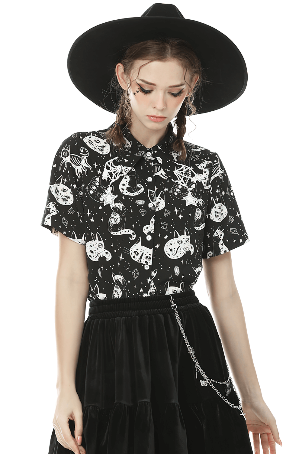 Gothic punk blouse featuring stylish black and white cat print, perfect for dark hearts and daring fashion statements.
