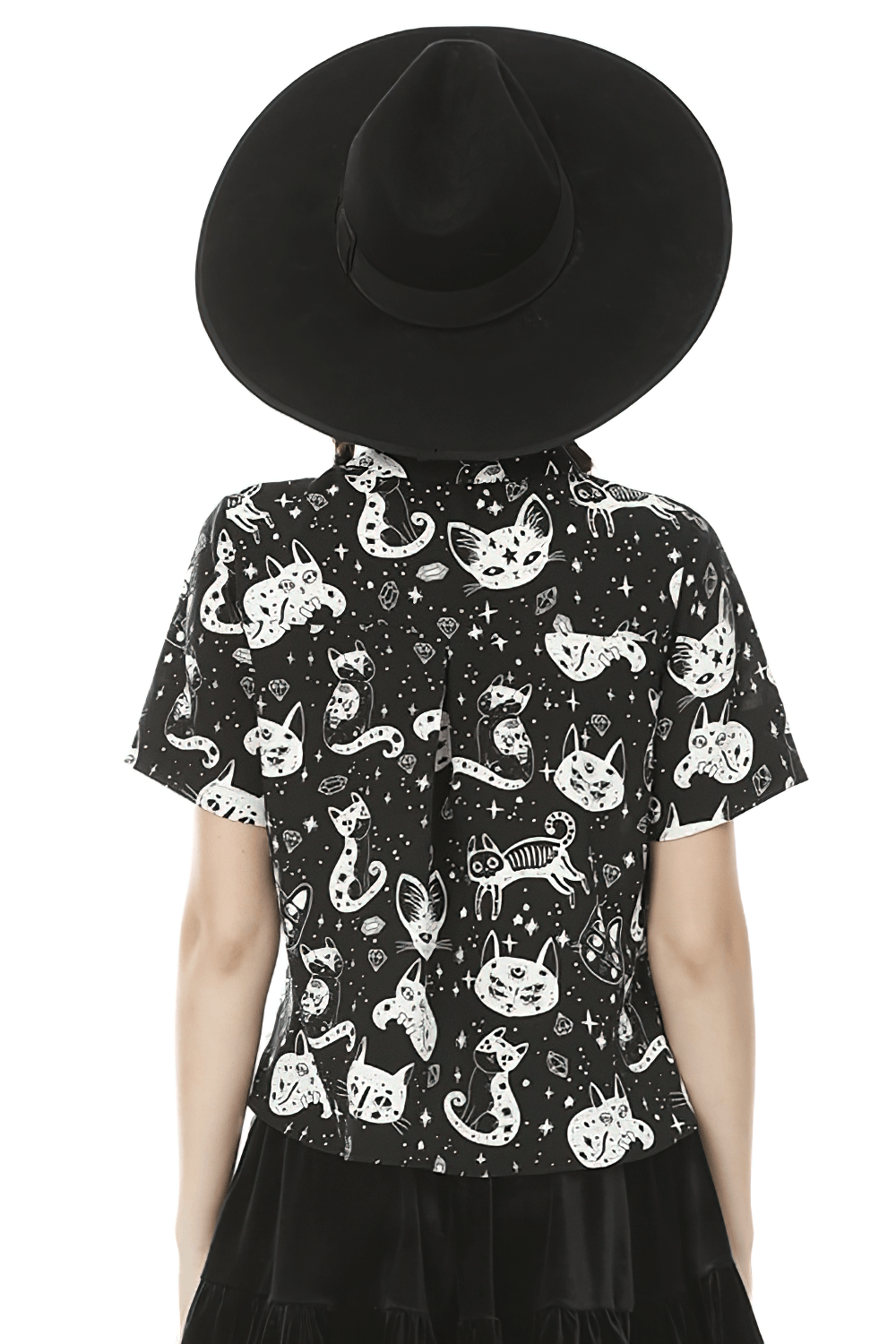 Gothic punk blouse with black and white cat print, model wearing a black hat, perfect for dark fashion lovers.