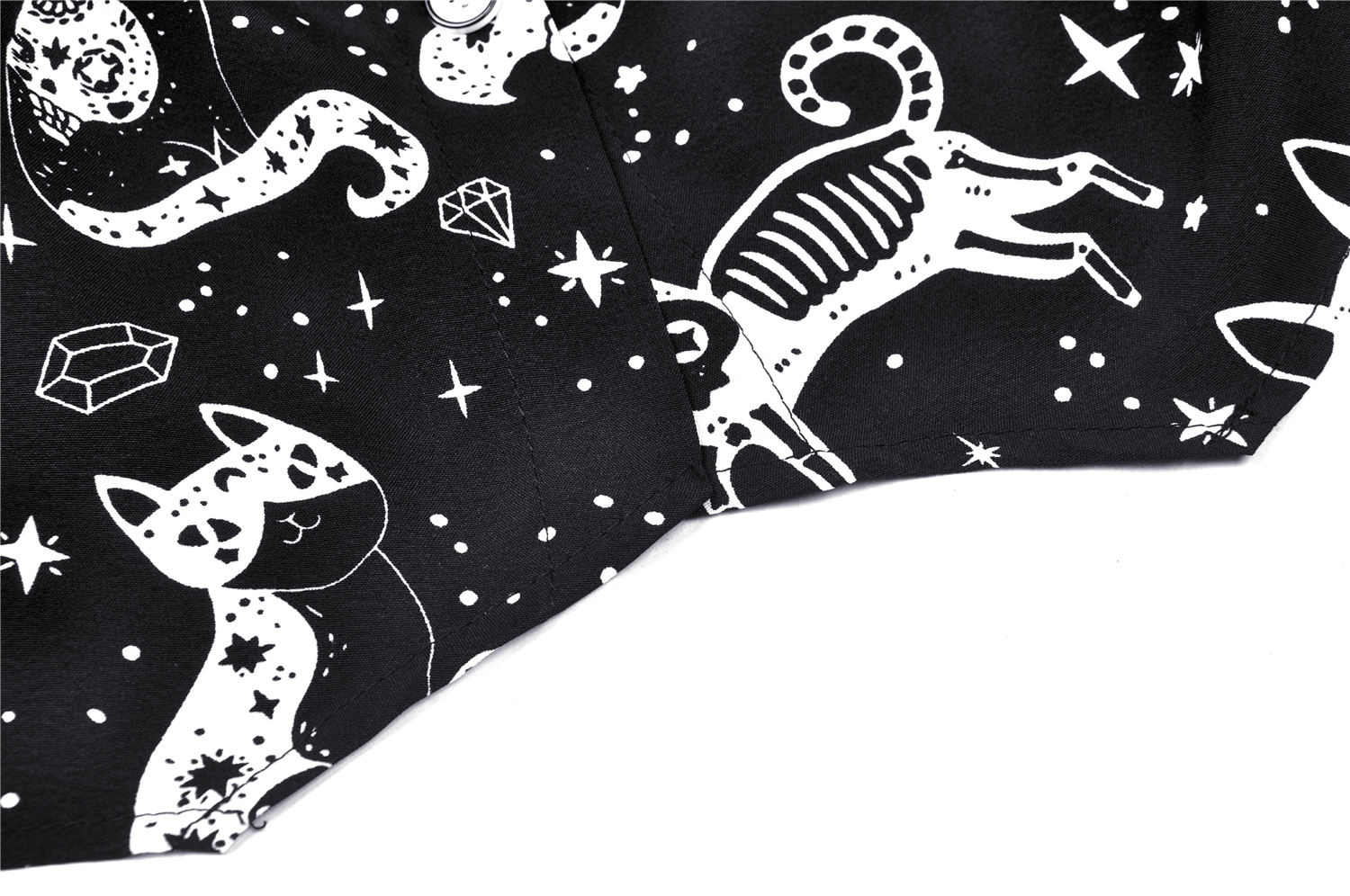 Stylish black and white cat print on gothic punk shirt, perfect for dark hearts and mysterious vibes.