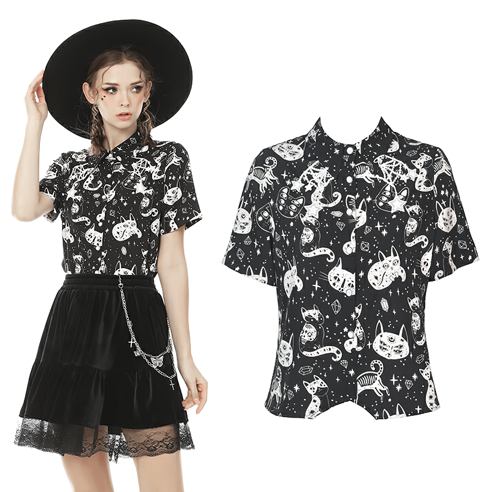 Gothic punk black and white cat print blouse worn by model with trendy hat and skirt, perfect for dark fashion lovers.