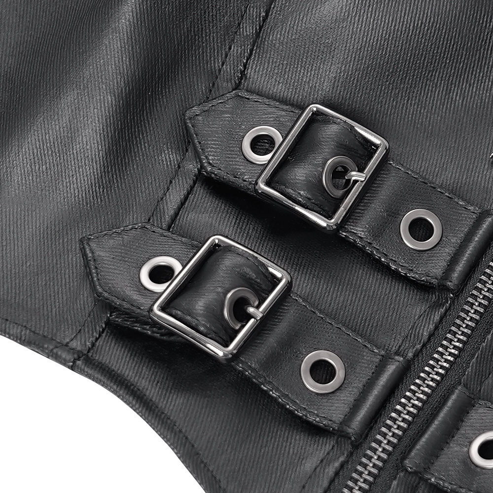 Close-up of adjustable buckles and grommets on a stylish black halter corset top with zipper.