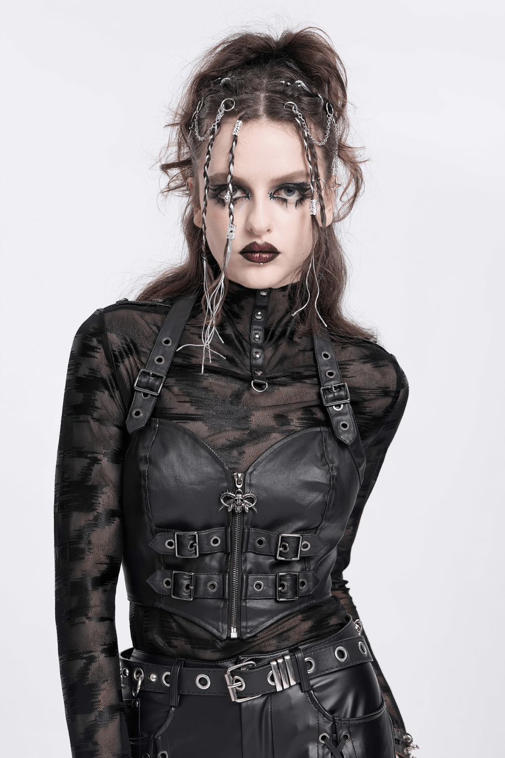 Gothic black buckle halter corset with front zipper, model showcasing edgy alternative fashion style.