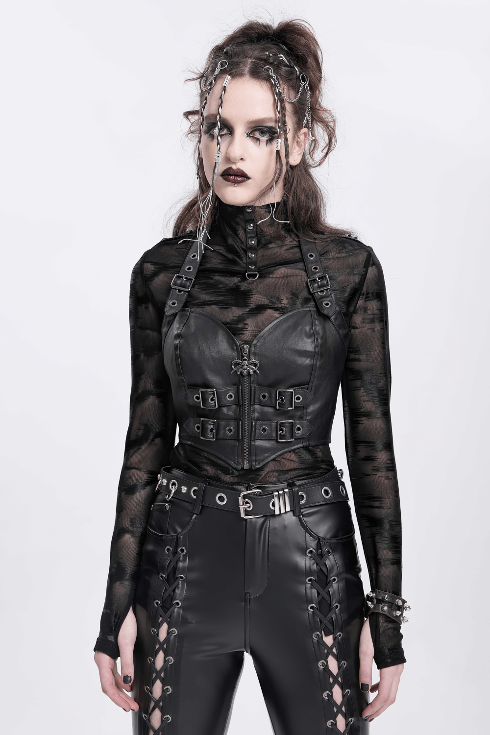 Gothic black buckle halter corset top with front zipper and edgy detailing, perfect for alternative fashion.