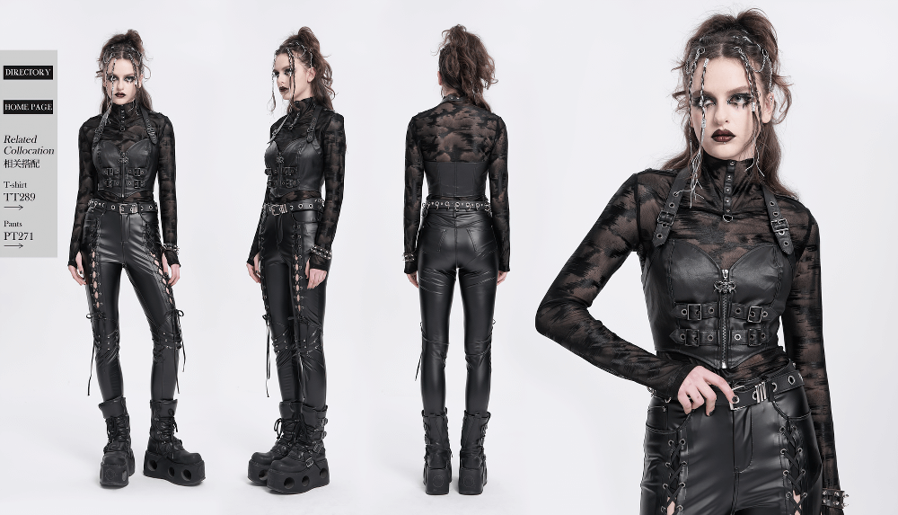 Gothic-inspired black corset top with adjustable buckles and zippered front, paired with stylish leather pants.