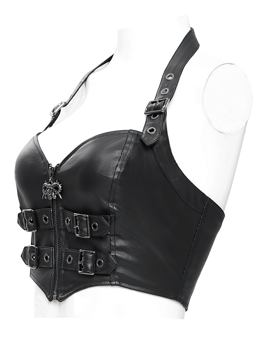 Stylish black buckle halter corset top with front zipper and skull charm detailing.