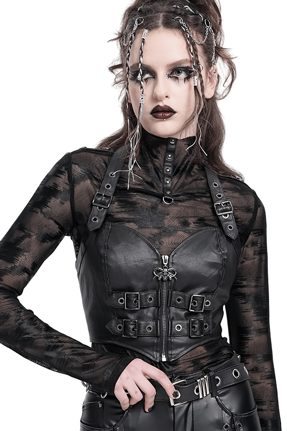 Gothic black buckle halter corset top with zippered front and skull charm detailing, perfect for alternative fashion.