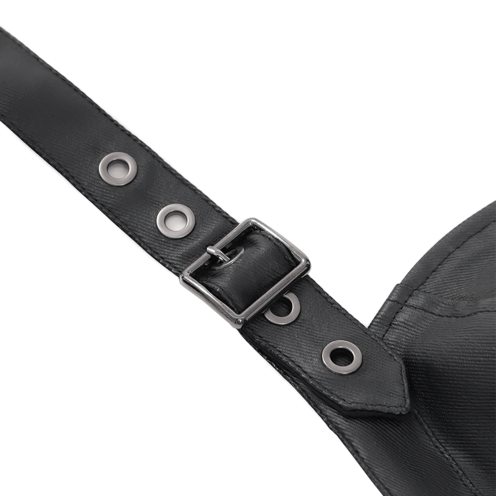 Close-up of a black buckle strap on a gothic halter corset, featuring metal grommets for adjustable fit.