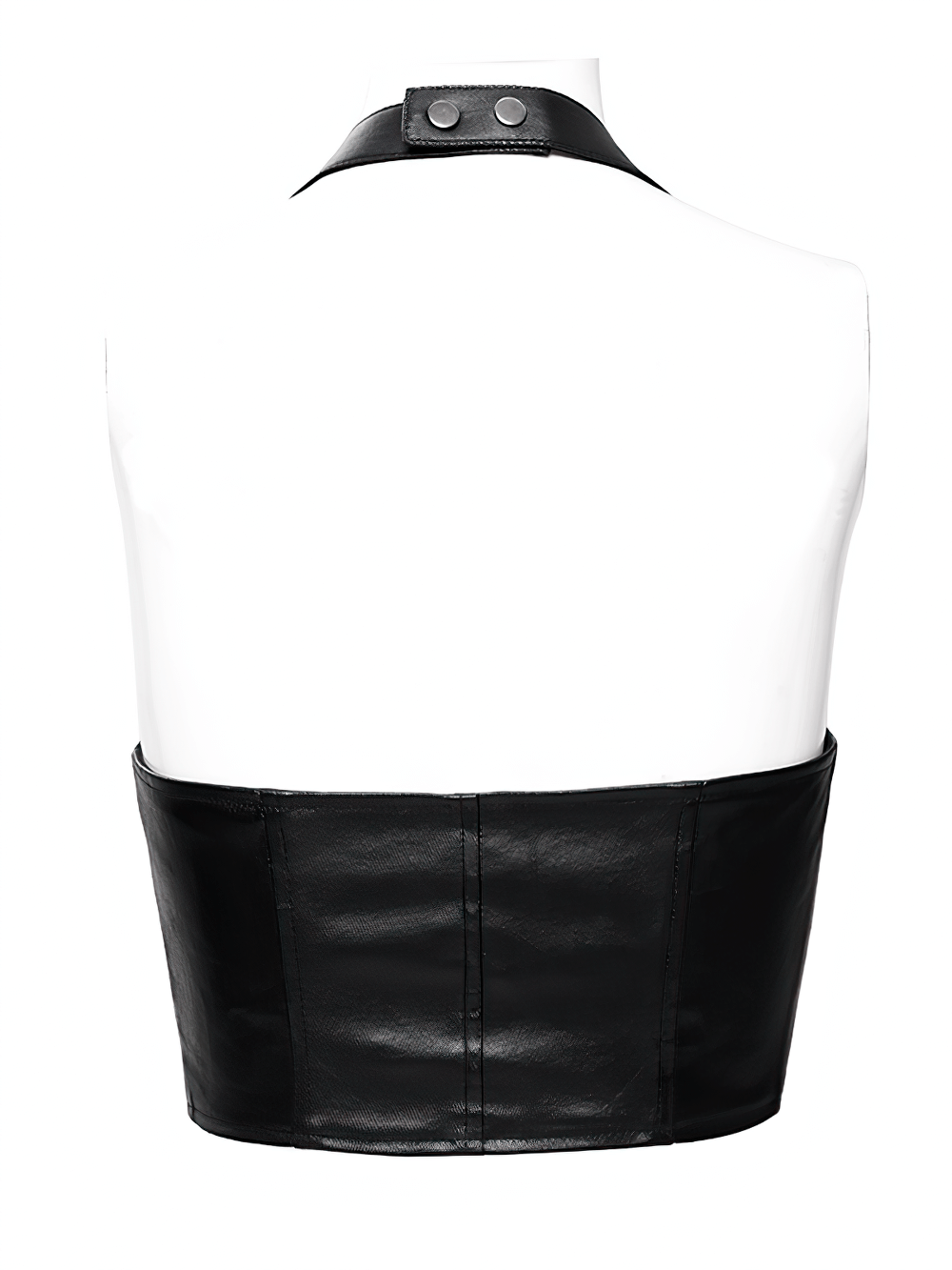 Back view of a stylish black halter corset top with structured fit and adjustable buckles.