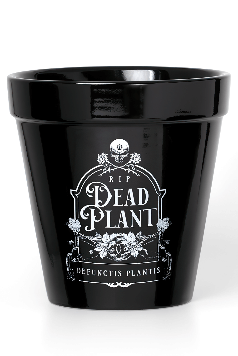 Stylish black ceramic pot with 'RIP DEAD PLANT' and 'Defunctis Plantis' for gothic decor.