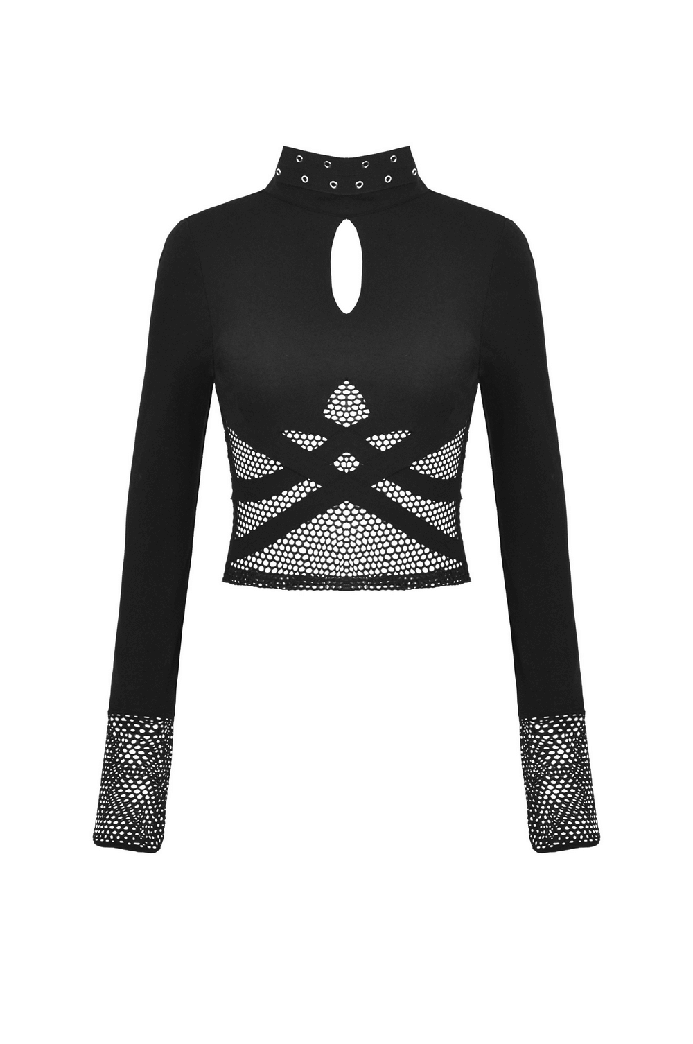 Stylish black crop top with edgy cut-outs, studs, and modern mesh sleeves for a punk-inspired look.